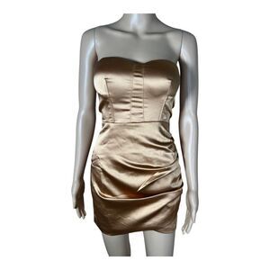 NWT Naked Wardrobe Revolve The Statement Strapless Gold Satin Dress Size XS